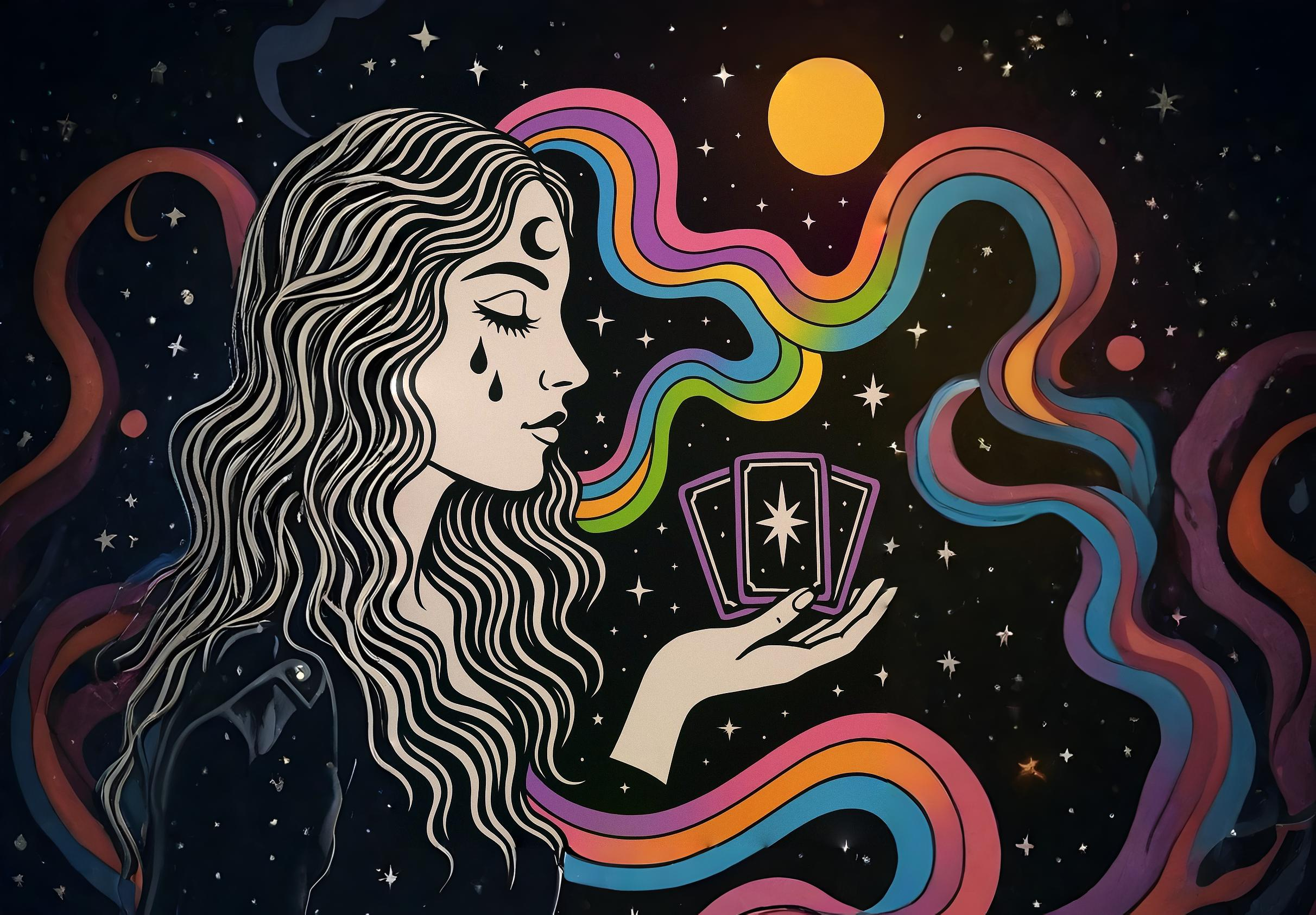 BonoTarot: ilustración esotérica con maestra del tarot y cartas